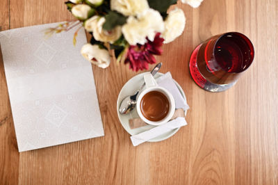 High angle view of coffee on table