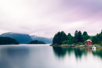 Scenic view of lake against cloudy sky