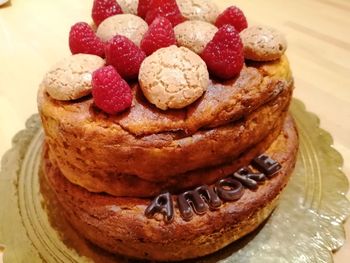 Close-up of cake served on table