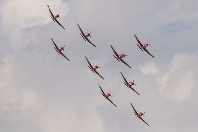 Low angle view of fighter planes flying against sky