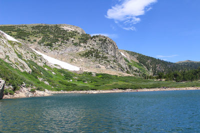 Scenic view of sea and mountains against blue sky