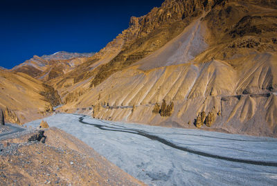 Scenic view of snowcapped mountains against clear blue sky