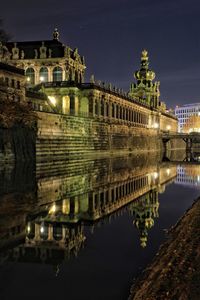 Reflection of building in lake at night