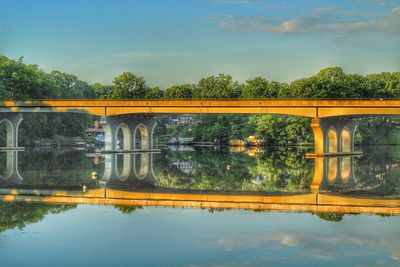 Reflection of bridge on lake against sky