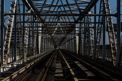 Railroad tracks against bridge