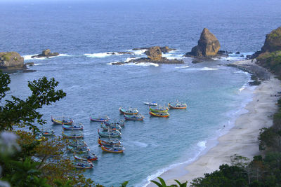 High angle view of boats in sea