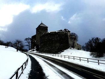 Road passing through snow covered landscape