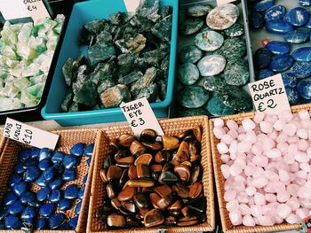 High angle view of precious stones for sale