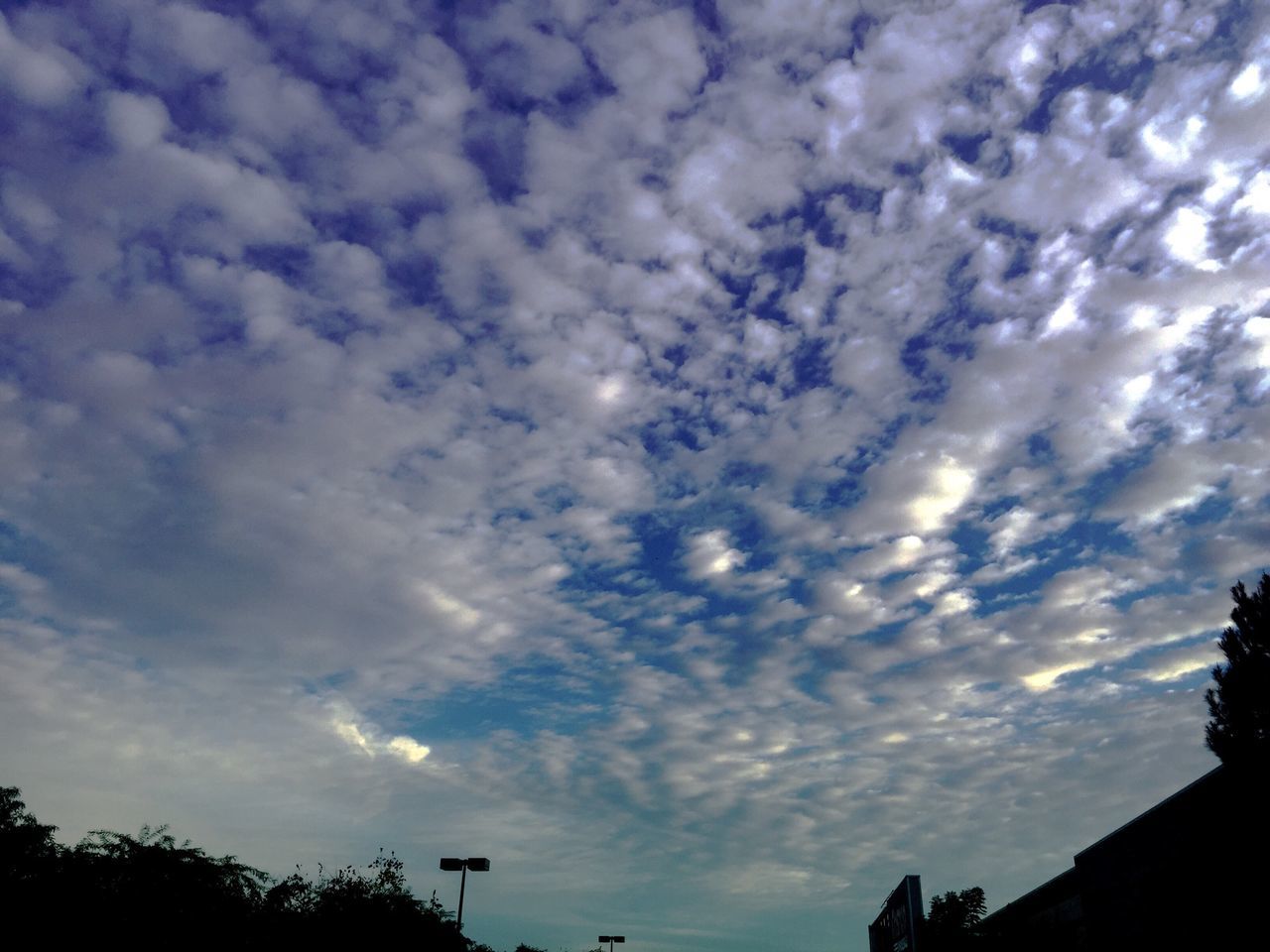 low angle view, sky, cloud - sky, silhouette, tree, cloudy, cloud, built structure, building exterior, architecture, high section, nature, blue, beauty in nature, tranquility, outdoors, scenics, no people, dusk, house