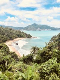 Scenic view of bay against sky