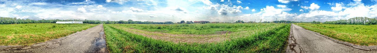 Scenic view of field against cloudy sky