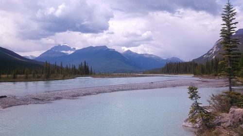 Scenic view of lake against cloudy sky