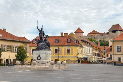 Monument of istvan dobo on istvan dobo square in eger city center, hungary