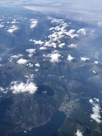 Aerial view of snowcapped landscape against sky