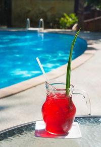 Close-up of red wine glass in swimming pool