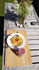 High angle view of food served on table