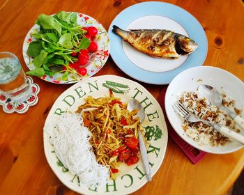 High angle view of meal served on table