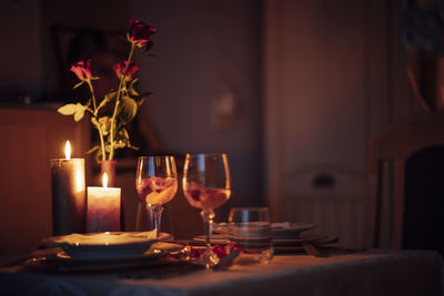 Tea light candles on table for romantic dinner on valentines day