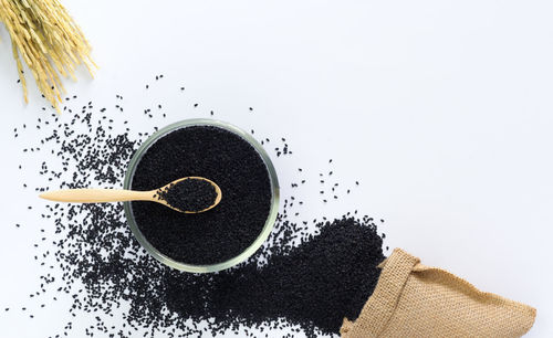 Directly above shot of coffee cup against white background