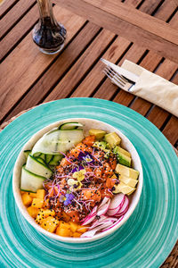 High angle view of food in plate on table