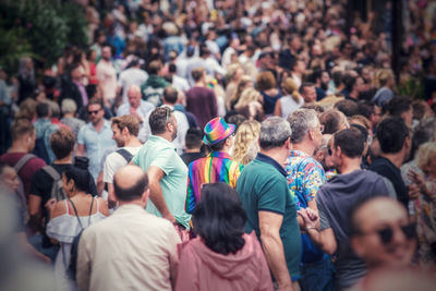 High angle view of people standing on street