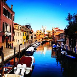 Bridge over river with buildings in background