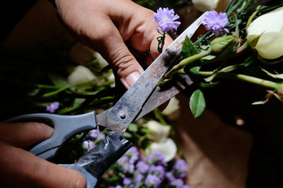 Midsection of person working on purple flowering plant