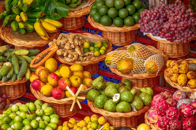 High angle view of fruits in basket at market stall