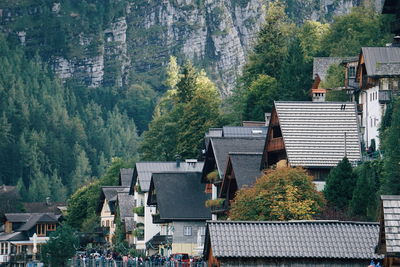 Townscape and trees against mountain