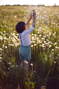 Funny happy child sit in hat on field with white dandelions  sunset in summer. soap bubbles  flying