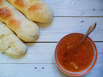 High angle view of bread in bowl on table