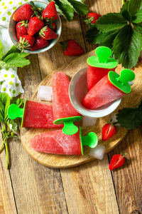 High angle view of fruits in bowl on table