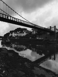 Bridge over river by buildings against sky