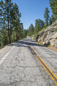 Empty road amidst trees against sky