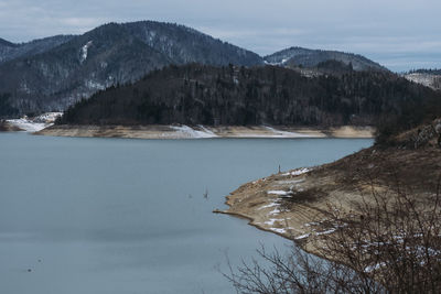 Scenic view of lake and snowcapped mountains against sky