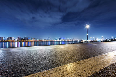 View of city lit up at night