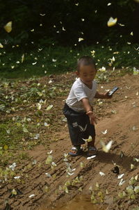 High angle view of cute boy playing on land