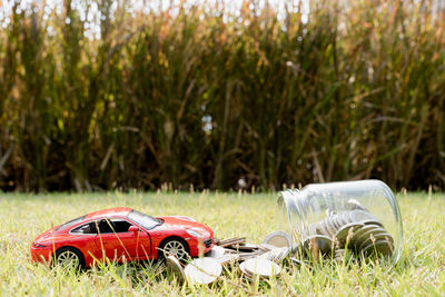 Toy car on field