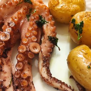 High angle view of food served in plate