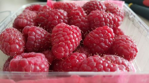 Close-up of raspberries in box