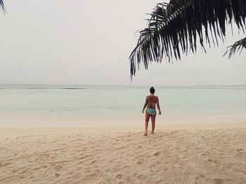 Rear view of shirtless man walking on beach