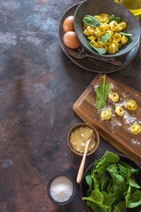 High angle view of vegetables in bowl on table