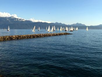 Scenic view of sea against clear blue sky