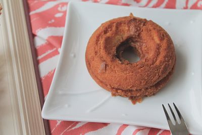 High angle view of cake in plate on table