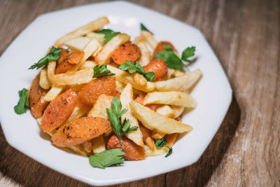 High angle view of food in plate on table