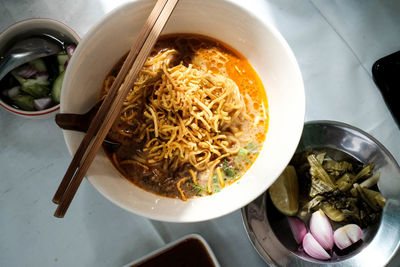 High angle view of noodles in bowl on table