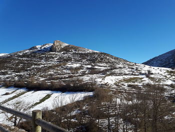 Low angle view of snowcapped mountain against clear blue sky