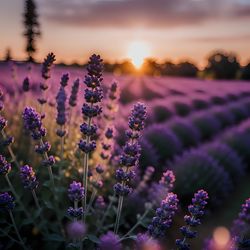 Close-up of purple flowering plants on field against sky during sunset