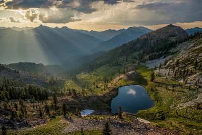 Scenic view of mountains against sky during sunset