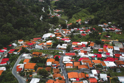 High angle view of trees on field against sky